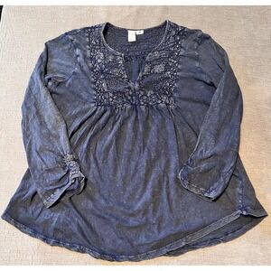 Joie Blue Distressed‎ Embroidered Tunic Top Womens Size Medium